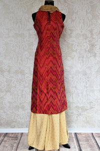 Shop Red and Magenta Ikat Raw Silk Kurta with Gold Palazzo Pants online at our ethinc clothing store Pure-Elegance in USA. Ideal for sangeet, party wear, and bridesmaid dress