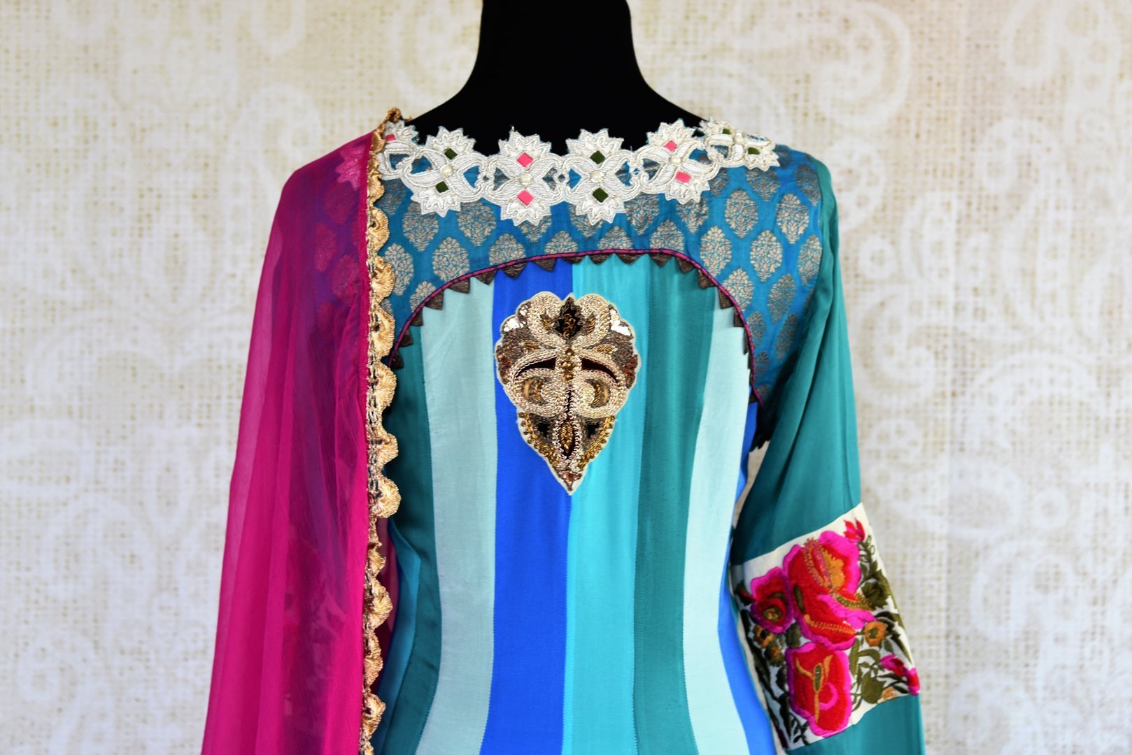 Buy blue striped embroidered Anarkali suit online in USA. Pure Elegance fashion store brings an exqusite range of  Indian designer Anarkali suits in USA for women. -back