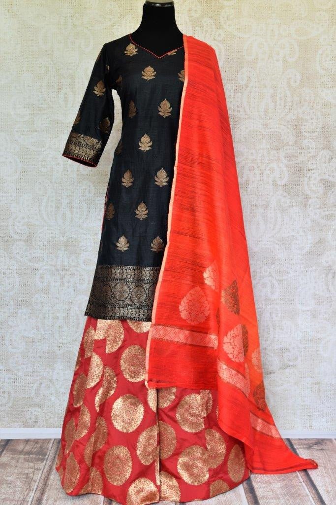 Pure Elegance brings exquisite styles of Indian dresses online and in store. Buy black Banarasi kurta with red Banarasi palazzo and dupatta online in USA for women.-full view