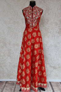 501144 Ethnic red suit for women with traditional Indian patterns & designs. Buy this silk suit with exquisite silver hand embroidery online at our store in USA - Pure Elegance.