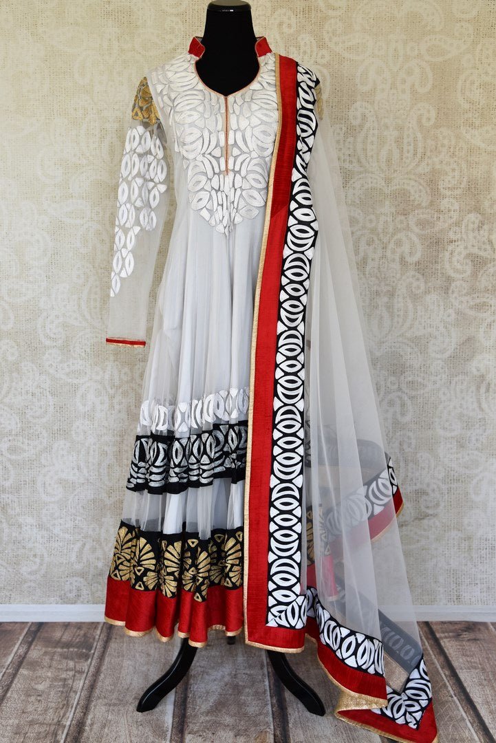 501146 White Embroidered Net Anarkali Suit with Black and Red Border 501146 White Embroidered Net Anarkali Suit with Black and Red Border