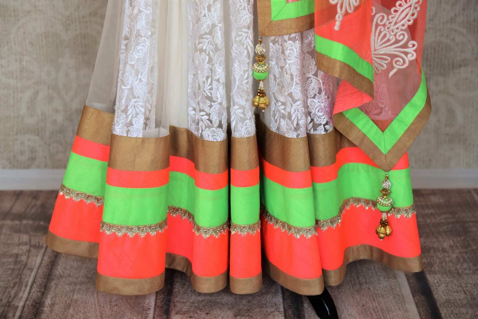 Buy Online White Embroidered Net Anarkali with Orange and Green Border Pure Elegance Buy Online White Embroidered Net Anarkali with Orange and Green Border Pure Elegance