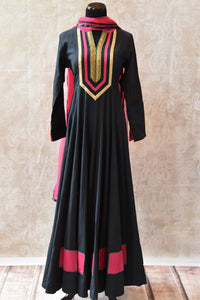 Classy and Elegant look black designer Indian cotton anarkali chudidar with net dupatta available at our store Pure Elegance, perfect for all Indian events-full view