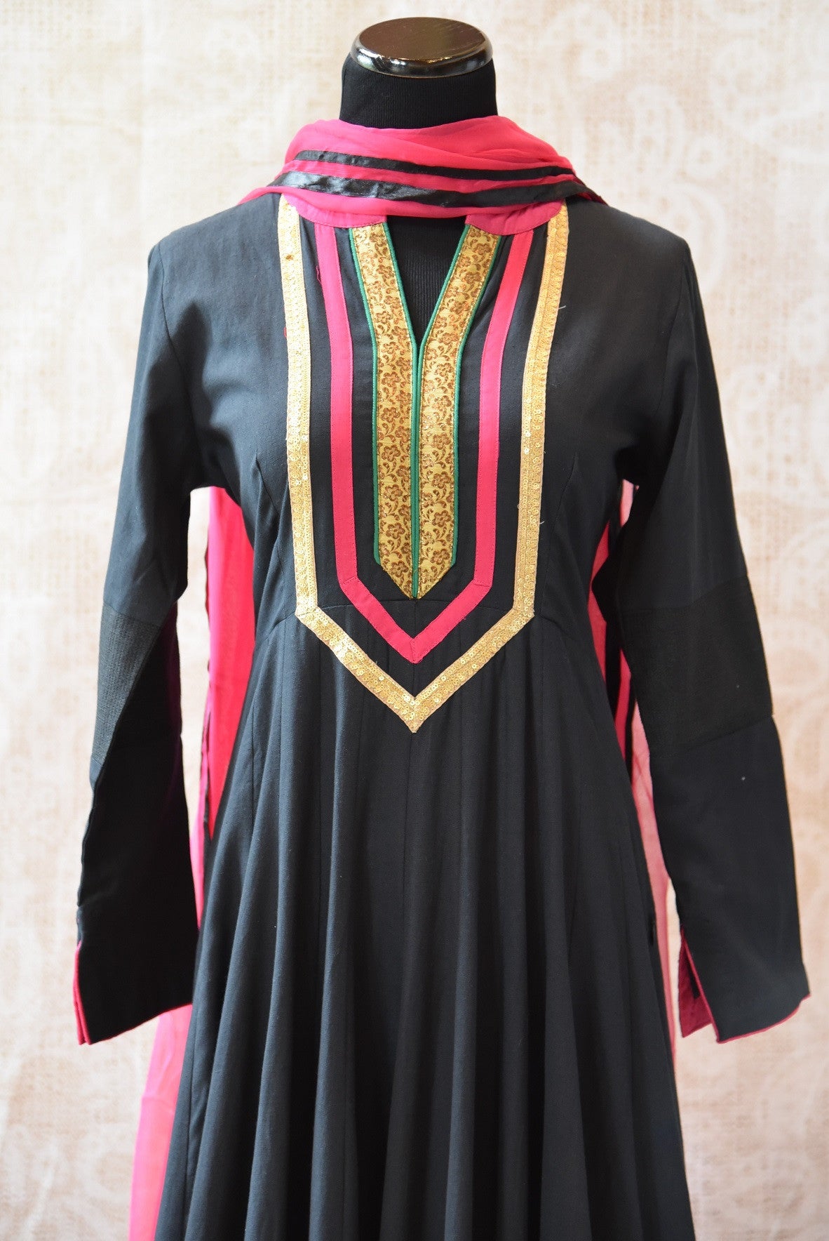 Classy and Elegant look black designer Indian cotton anarkali chudidar with net dupatta available at our store Pure Elegance, perfect for all Indian events-close up
