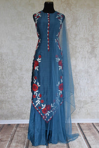 501250 Blue Chanderi Suit With Floral Applique