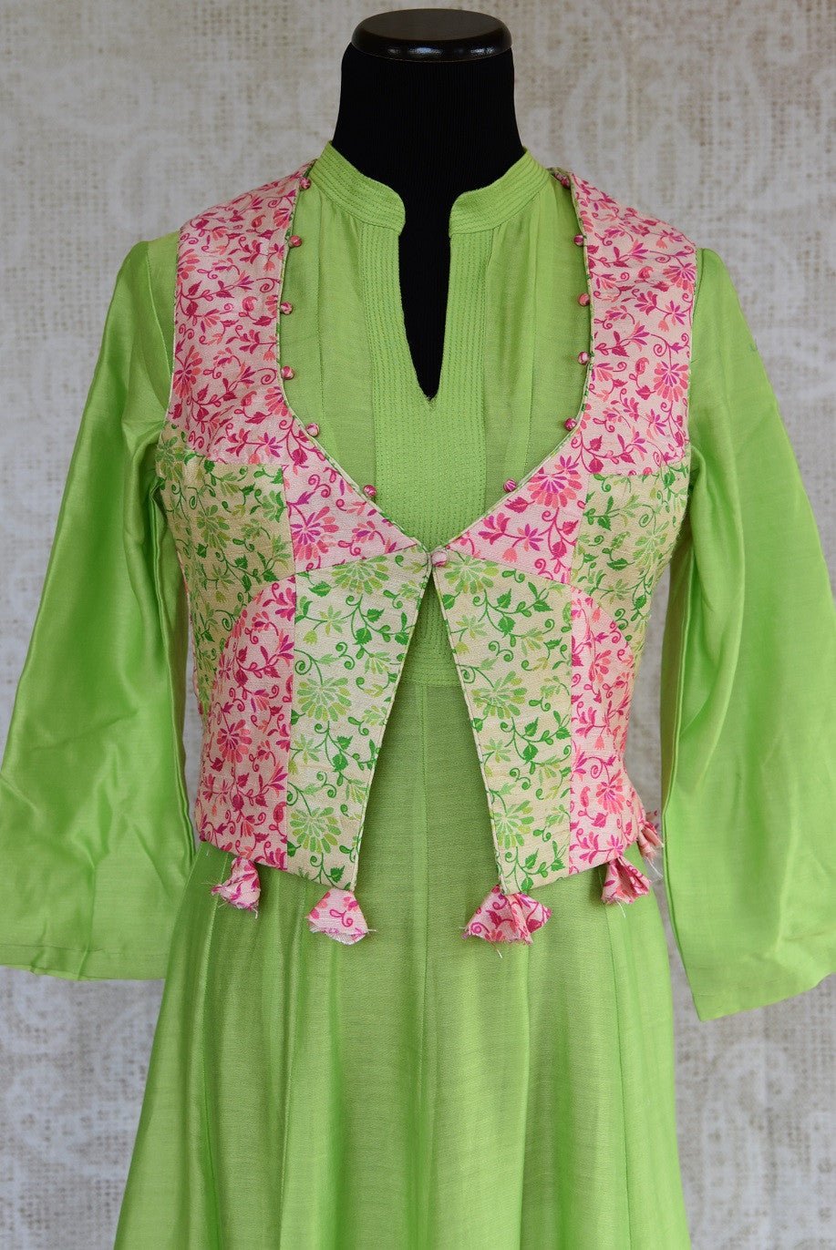 501258 Green Chanderi Suit With Pink & Green Jacket