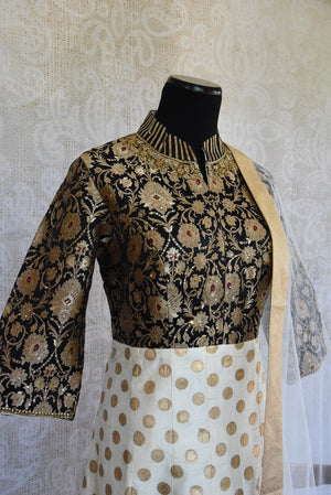 501289 Black White & Gold Raw Silk Anarkali With Benarasi Work