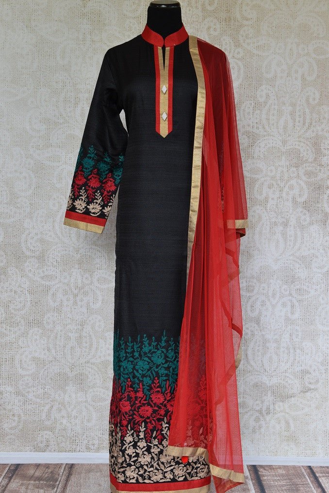 Shop black raw silk embroidered suit online in USA with red Dupatta. Shop ethnic Indian clothing for special occasions from Pure Elegance Indian fashion store in USA.-full view