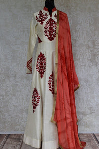 501295 Red & White Embroidered Raw Silk Anarkali