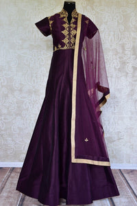 Raw silk with golden thread embroidery suit. This classic anarkali suit is perfect for Indian parties.-Fullview