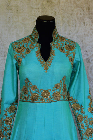 Blue Chanderi anarkali style suit available at Indian women clothing store.. Perfect style for Indian evening parties and events.- neck design