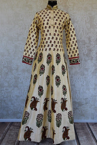 Raw-silk block print beige anarkali suit. Classic collection for your Indian wardrobe, perfect party wear.-Full View