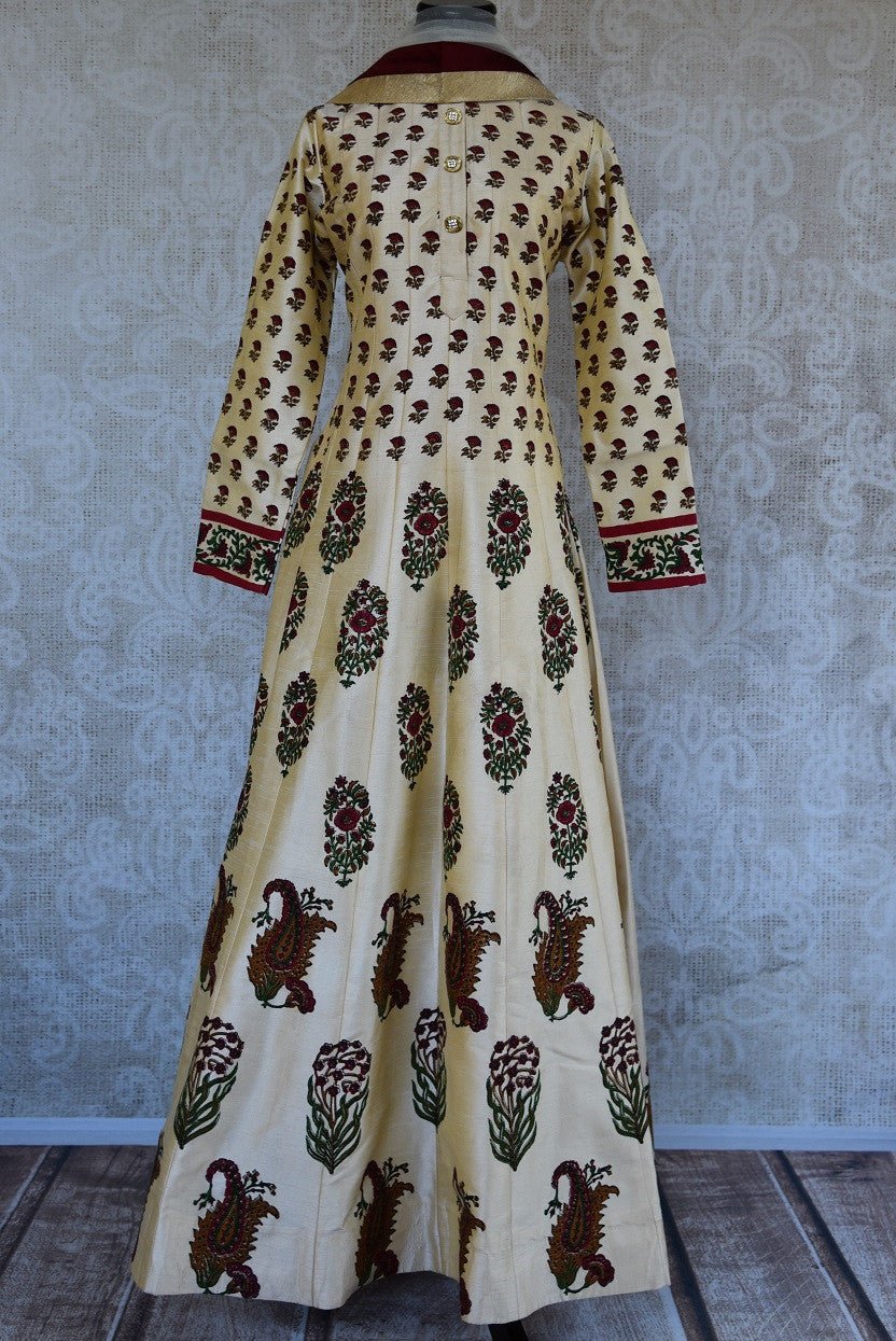 Raw-silk block print beige anarkali suit. Classic collection for your Indian wardrobe, perfect party wear.-with dupatta