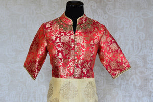 Raw silk with banarasi yolk red on beige anarkali suit. Perfect Indian designer suit for parties, festivals.-banarasi bodice