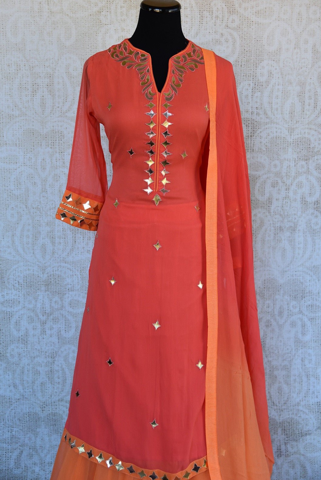 Designer georgette skirt suit with gota patti and leather work. Perfect casual party wear in Indian events.- leather work