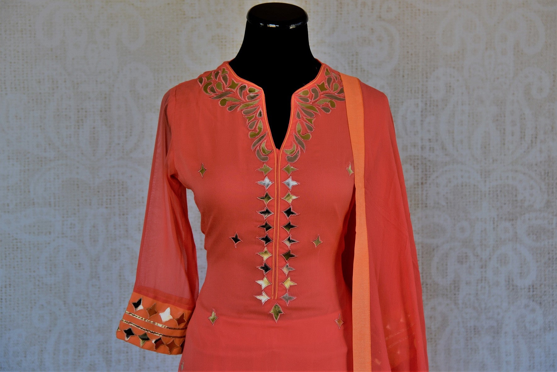 Designer georgette skirt suit with gota patti and leather work. Perfect casual party wear in Indian events.-close up