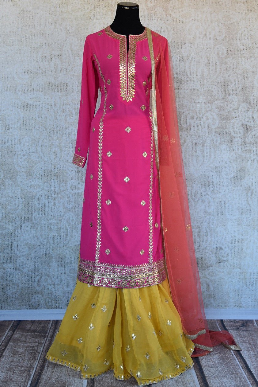 Georgette gota patti palazzo suit with orange net dupatta.Classic festive collection for Indian occasion.-full view