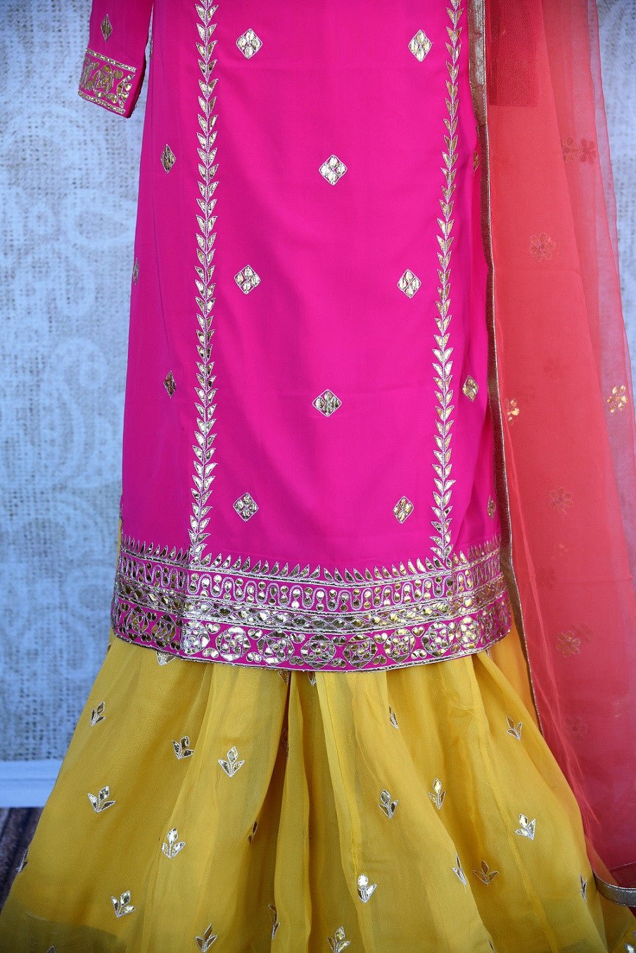 Georgette gota patti palazzo suit with orange net dupatta.Classic festive collection for Indian occasion.-close up gotta patti work