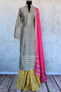 Chanderi kurta and georgette palazzo with gotta patti and kundan work. This comes with pink georgette dupatta.-full view