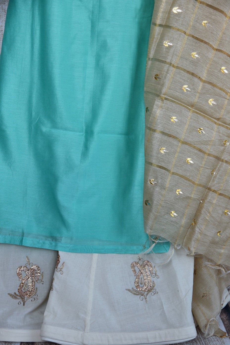 Indian designer Cotton silk chanderi suit with zari embroidered Palazzo pant and checked chanderi dupatta set.-close up