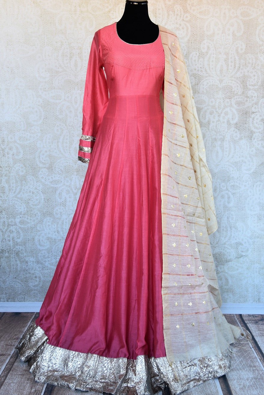 Pink two piece floor length solid chanderi anarkali suit with dupatta in gown style available at Pure Elegance. Perfect for all Indian events and evening parties-Full view