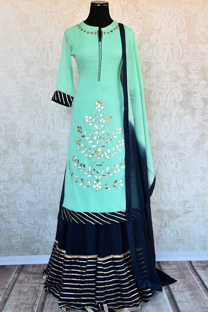 Georgette leather work mint green straight kurta with blue gotta patti work on lahnga skirt and shaded dupatta available at Pure Elegance online and in store-Full view