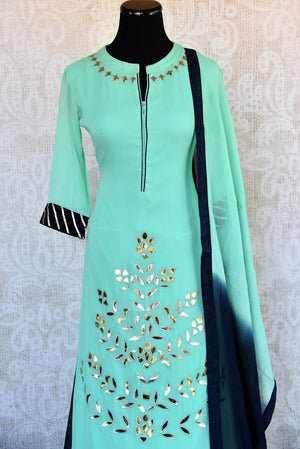 Georgette leather work mint green straight kurta with blue gotta patti work on lahnga skirt and shaded dupatta available at Pure Elegance online and in store-kurta with leather work