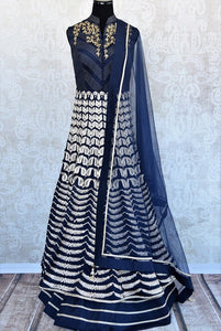 Shop Navy blue Indian ready made embroidered double layered anarkali suit with dupatta online and in store at Pure Elegance, perfect for parties and festivals.-Full view