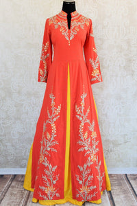 Designer silk embroidered suit with skirt set in orange and yellow color available in size38 at Pure Elegance and online.This pious combination is great for all-Full view
