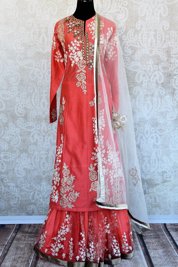 Peach floor length chanderi silk skirt suit set with heavy embroidery and net dupatta available at Pure Elegance, Perfect pick for all Indian events and Parties-Full view