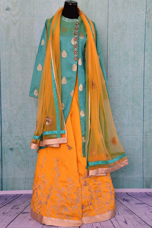 Designer Green raw silk kurta with big buta and plain yellow skirt with gold border set comes with classy net dupatta at pure elegance in Edison,New Jersey USA.-dupatta view