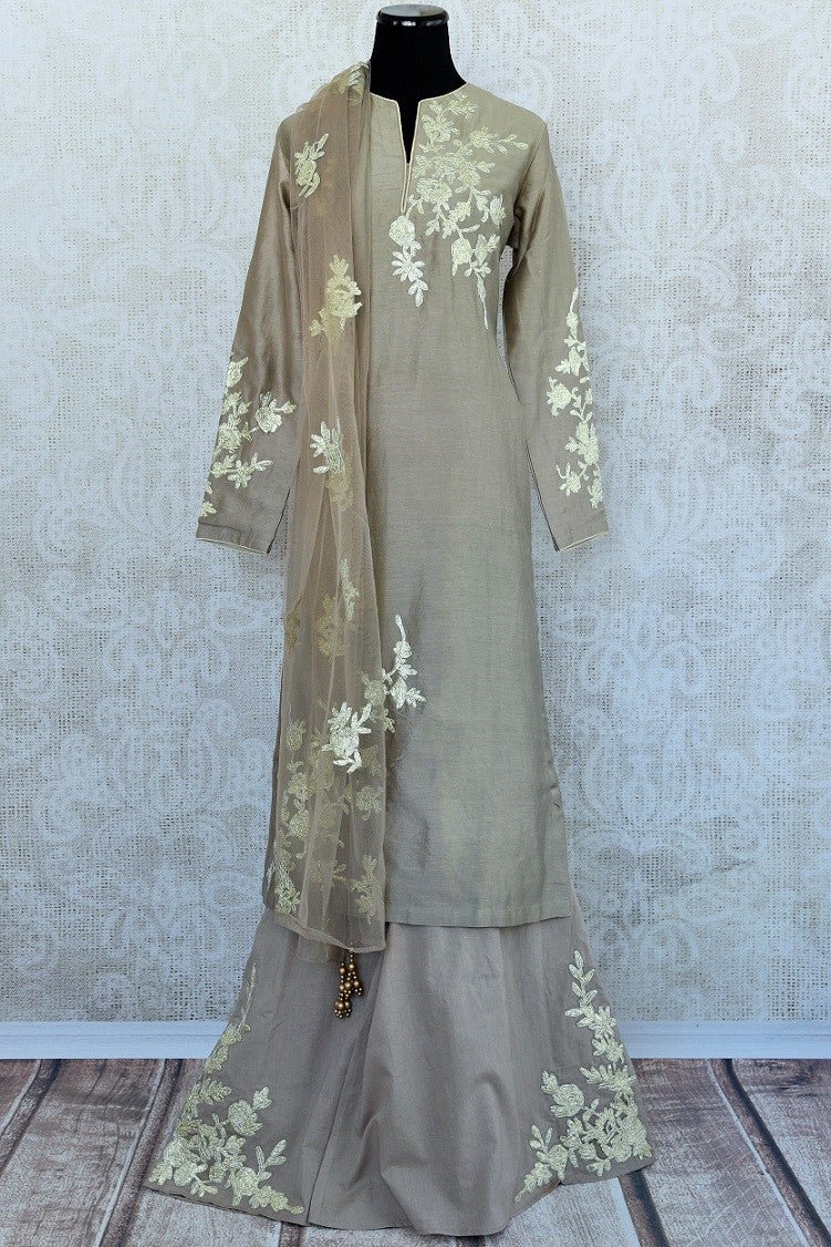 Ready made grey designer embroidered chanderi silk plazzo suit with dupatta in large size available for sale at Pure Elegance online in USA.Grab it for parties.-full view