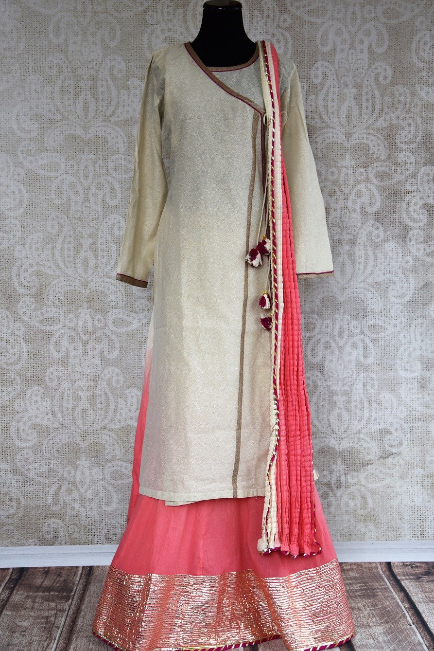 White-Pink Cotton Print Kurta Pant Set with Dupatta | Buy Women Clothing
