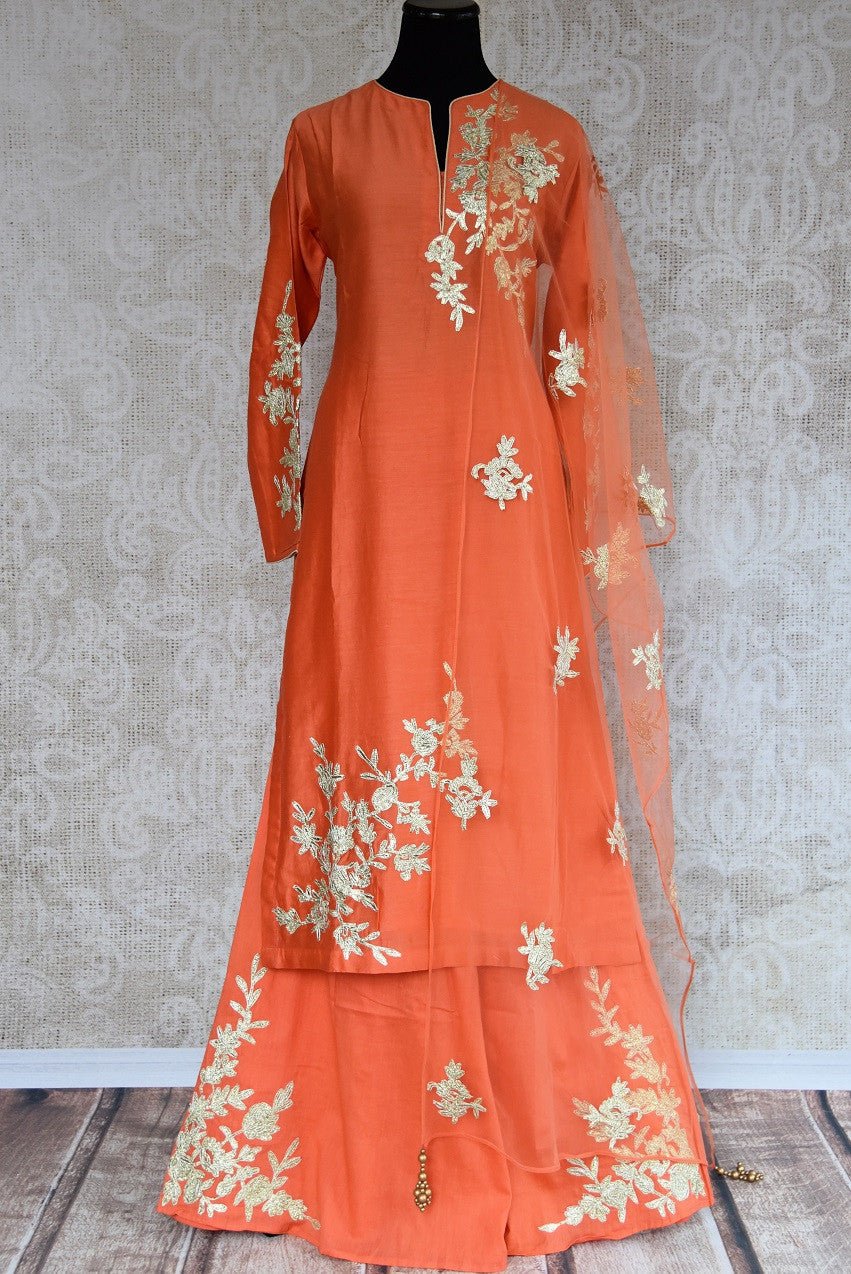 Buy this gorgeous chanderi silk indian suit combination of orange kurti and palazzo pants with dupatta from pure elegance store and online. Great for parties-Full View
