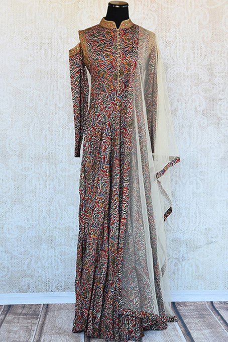 Designer zari Embroidered cold shoulder kalamkari print suit with net dupatta. Grab Graceful Indian party outfit.-full view