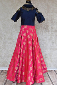 Embroidered designer pink and blue anarkali suit with embroidery on shoulder and neck. Perfect party wear.-Full view