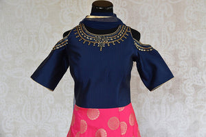 Embroidered designer pink and blue anarkali suit with embroidery on shoulder and neck. Perfect party wear.-embroidery 