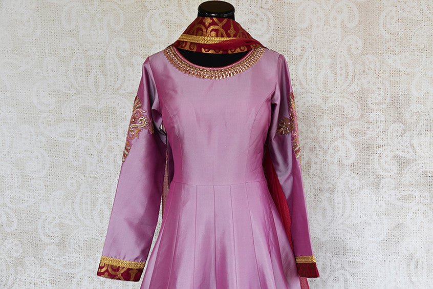 Buy Purple/lavender Anarkali with maroon banarasi border, embroidery on neck line and sleeves . This Indian attire comes with net dupatta-front close up