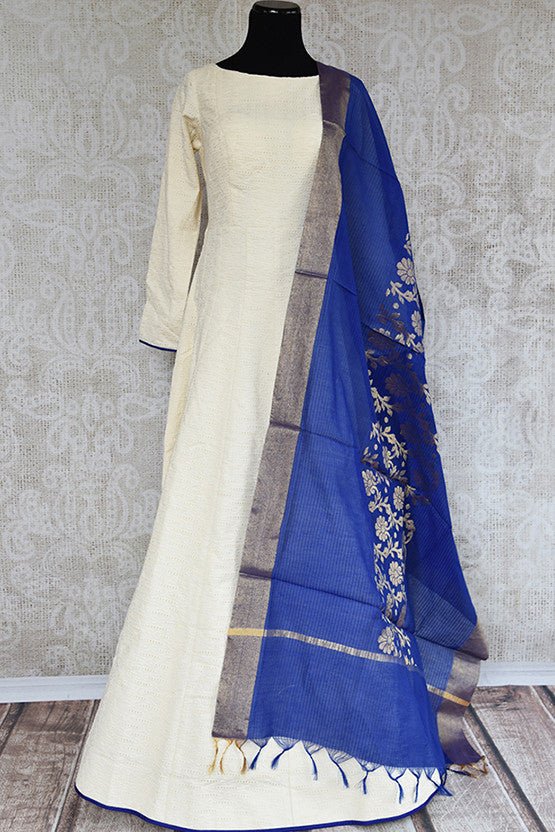 Linen White Floor length Suit of Large size with floral work in dupatta is available at Pure Elegance store USA. This clothing is fit for party, festive occasion.- full view