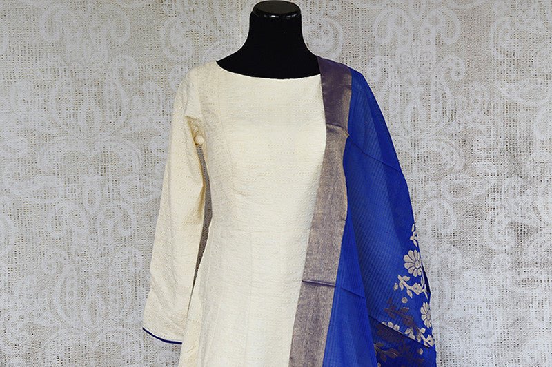 Linen White Floor length Suit of Large size with floral work in dupatta is available at Pure Elegance store USA. This clothing is fit for party, festive occasion. - close up