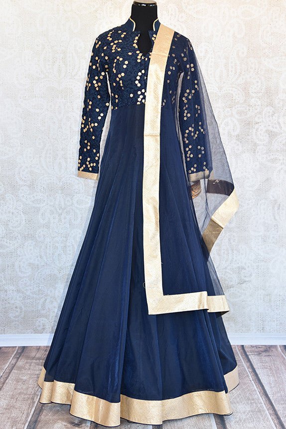 Navy blue designer anarkali with gold border and thread embroidery. Perfect for Indian festivals and parties-full view