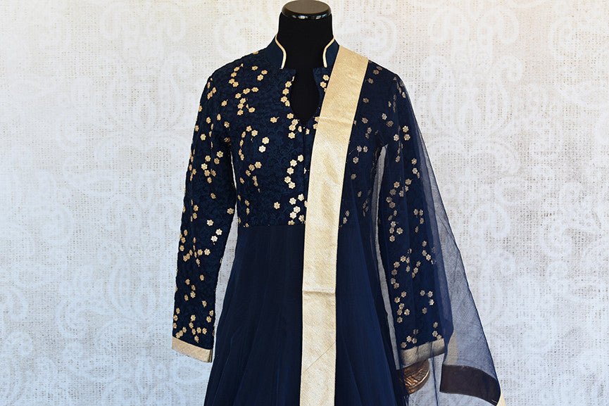 Navy blue designer anarkali with gold border and thread embroidery. Perfect for Indian festivals and parties-thread embroidery