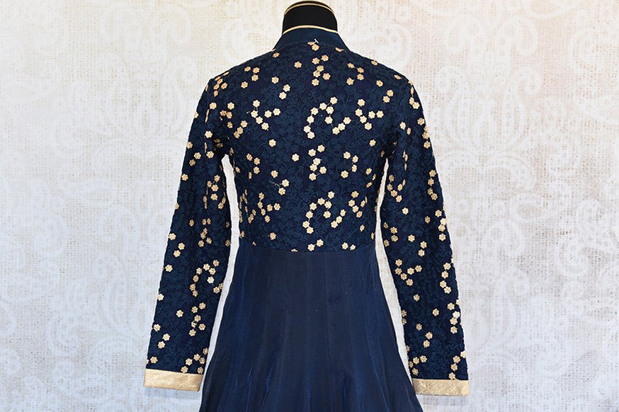 Navy blue designer anarkali with gold border and thread embroidery. Perfect for Indian festivals and parties-back
