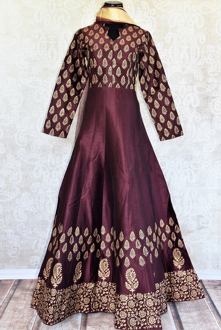 Beautiful Purple Silk Block Print Floor Length Anarkali suit online, USA. Shop from an exclusive range of Indian Anarkali suits online. Perfect for sangeet and mehendi.-full view