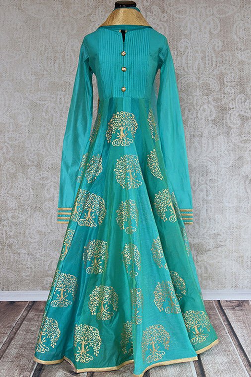 Green/turquoise Anarkali Suit with block print available. A classic suit and perfect party wear.-full view