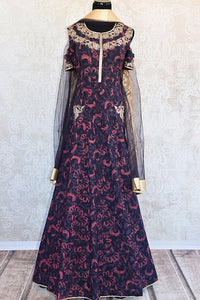 Modern and classy cold shoulder black and pink printed floor length anarkali with gold embroidery and net dupatta-full view