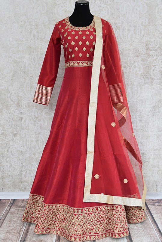 Red classic Embroidered anarkali suit. Perfect elegant suit for Indian wedding functions and festivals.-full view