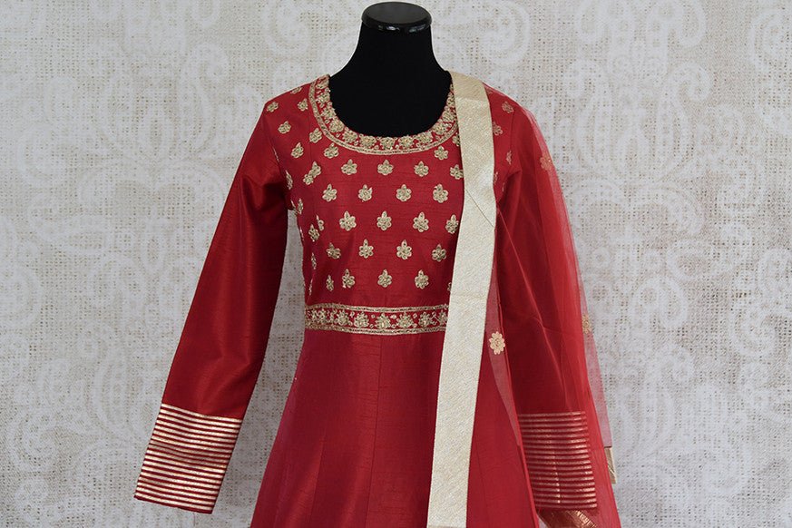 Red classic Embroidered anarkali suit. Perfect elegant suit for Indian wedding functions and festivals.- embroidery