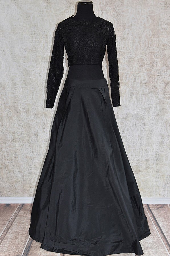 Buy this classy IndoWestern outfit combo of black lace top with long black skirt from Pure elegance store, NJ. Great choice for parties and formal evenings-Full View