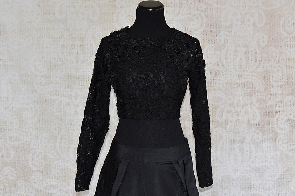 Buy this classy IndoWestern outfit combo of black lace top with long black skirt from Pure elegance store, NJ. Great choice for parties and formal evenings-Lace Top